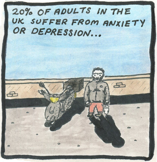 Text: 20% of adults in the UK suffer from anxiety or depression... Image: We see the figure more closely, he stares blankly ahead, holding a carrier bag in one hand and his phone in the other.