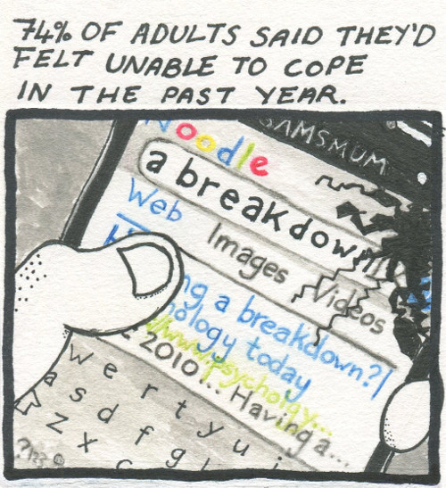 Text: 74% of adults said they'd felt unable to cope in the last year. Image: An old smart phone with a broken screen shows an internet search for 'Am I having a break down?'